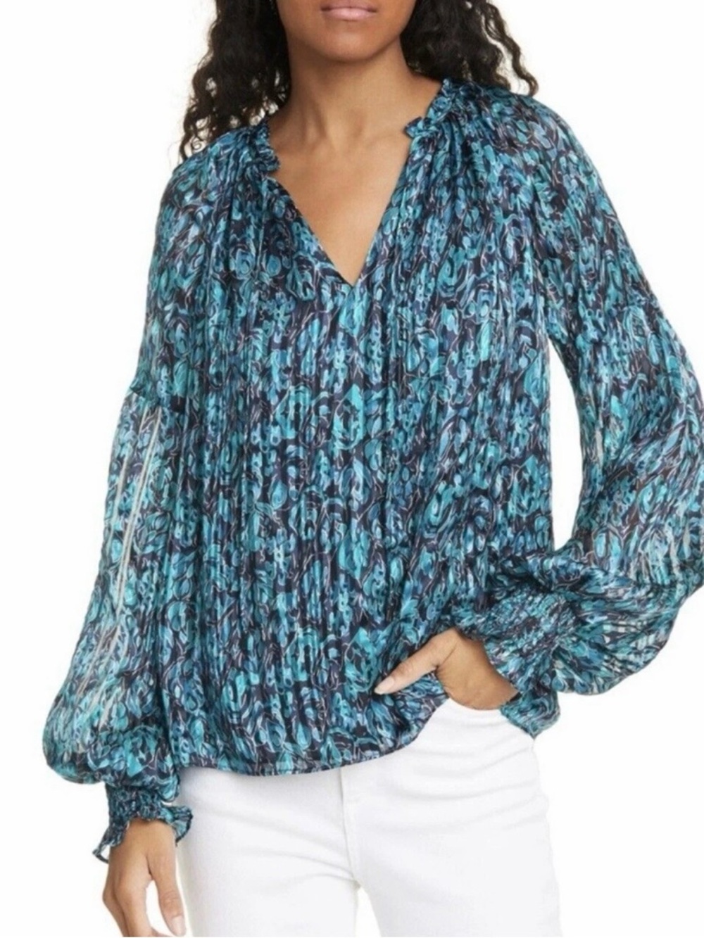 Ramy Brook Luanne‎ Silk Pleated Smocked Teal Combo Long Sleeve Blouse
